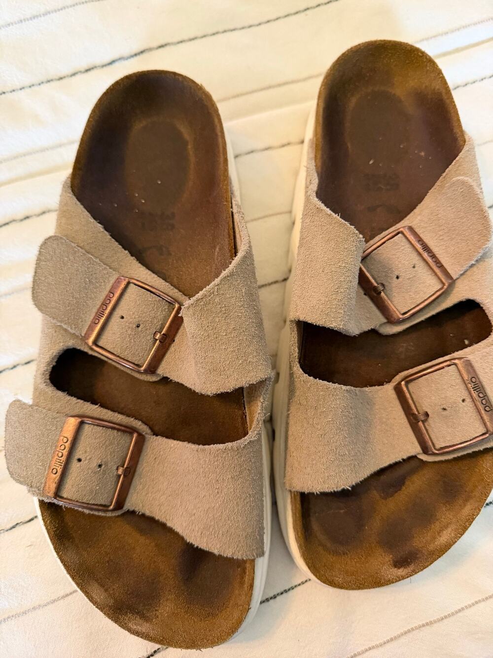 Papillo Taupe Suede Sandals with Chic Copper Buckles